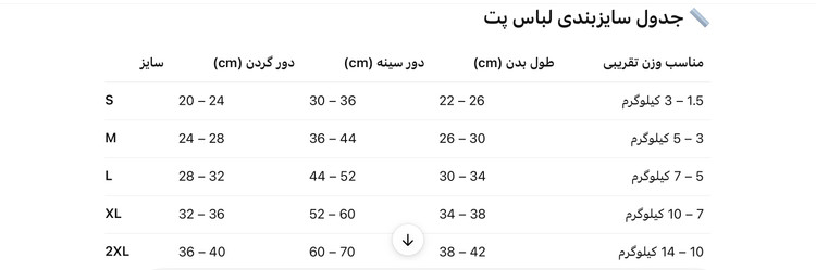 جدول سایزبندی لباس پت