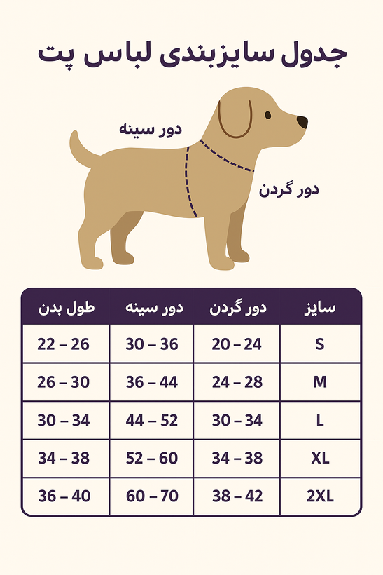 جدول سایزبندی لباس پت
