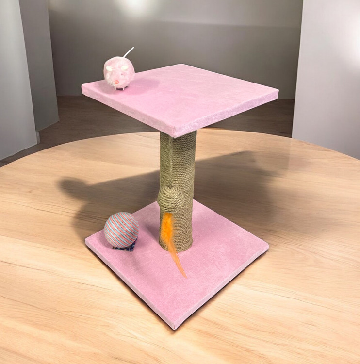 Square Two-Level Velvet & Sisal Cat Scratcher with Feather Ball Toy
